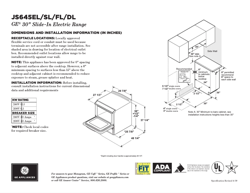 Page n°1 - Fiche technique GE JS645ELES