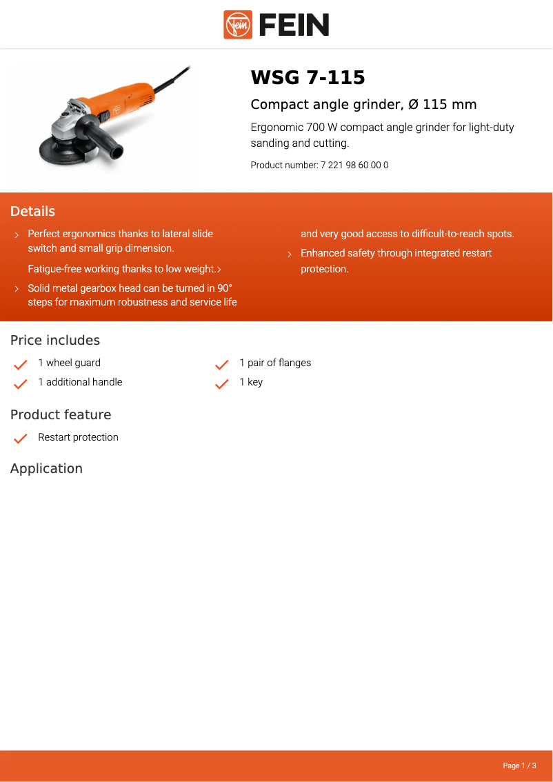 Page n°1 - Fiche technique Fein WSG 7-115