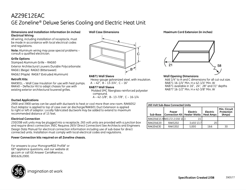 Page 1 de la notice Fiche technique GE AZ29E12EAC