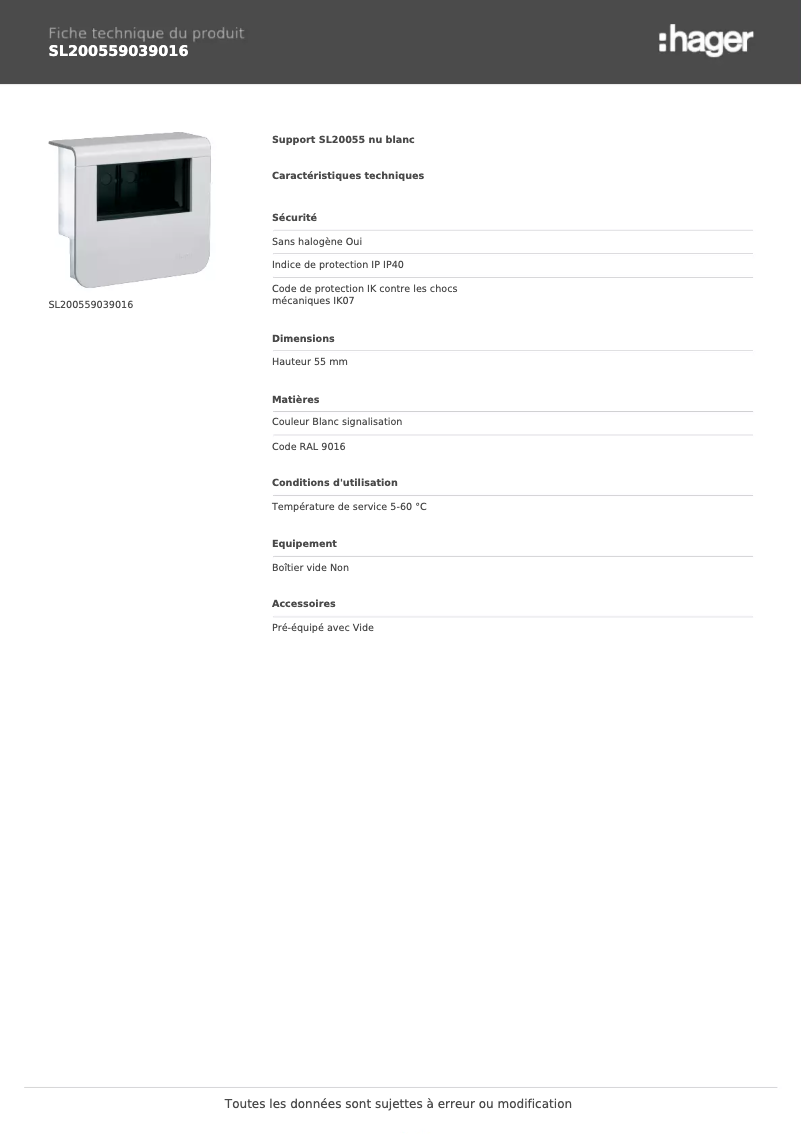 Page 1 de la notice Fiche technique Hager SL200559039016