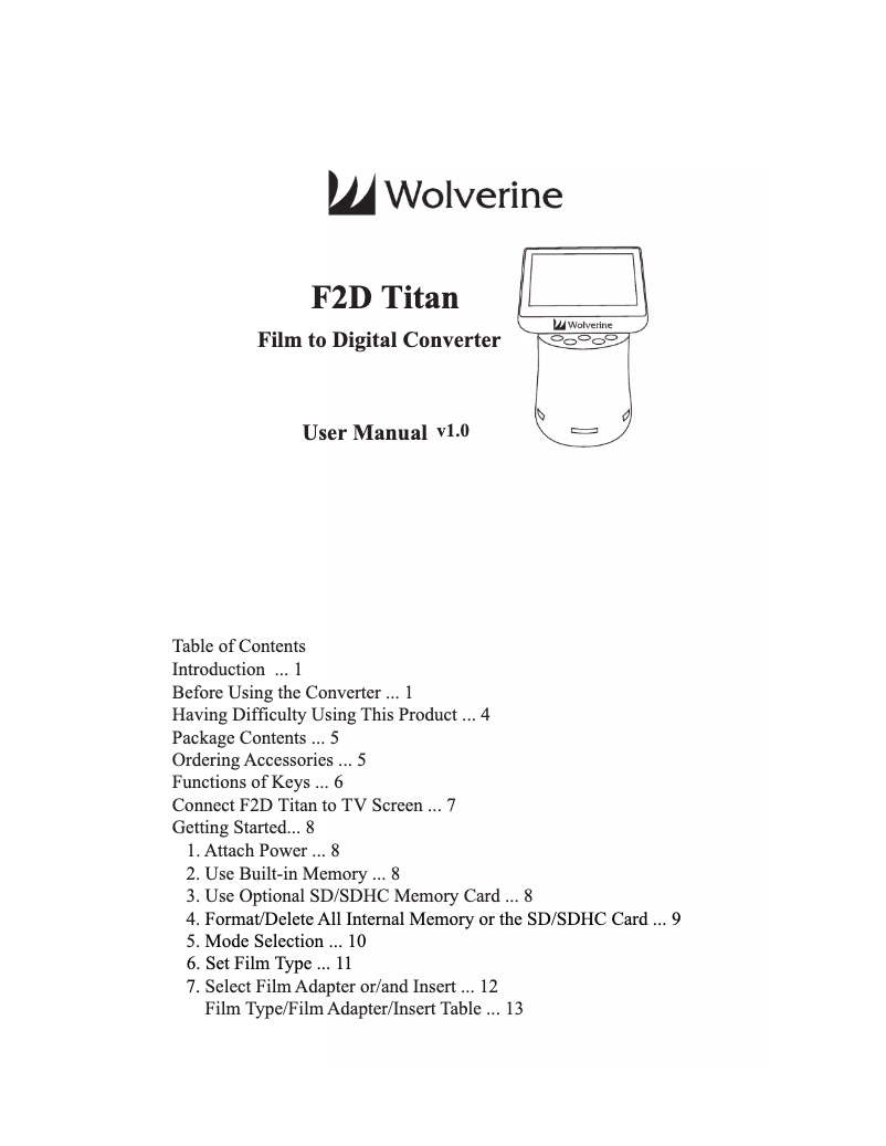 Page n°1 - Manuel utilisateur Wolverine Titan F2D