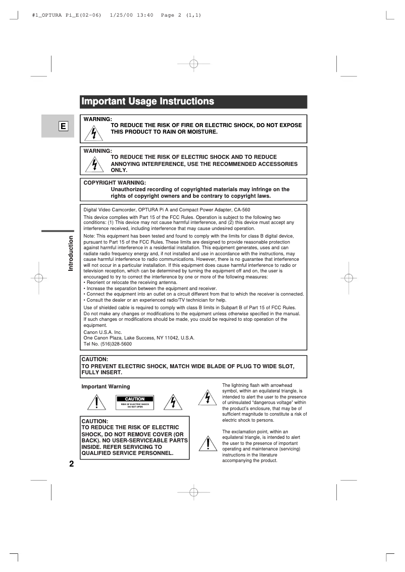 Page n°1 - Manuel utilisateur Canon Optura Pi