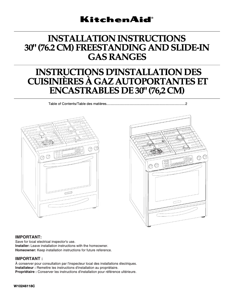 Page 1 de la notice Guide d'installation KitchenAid Architect KGSS907S