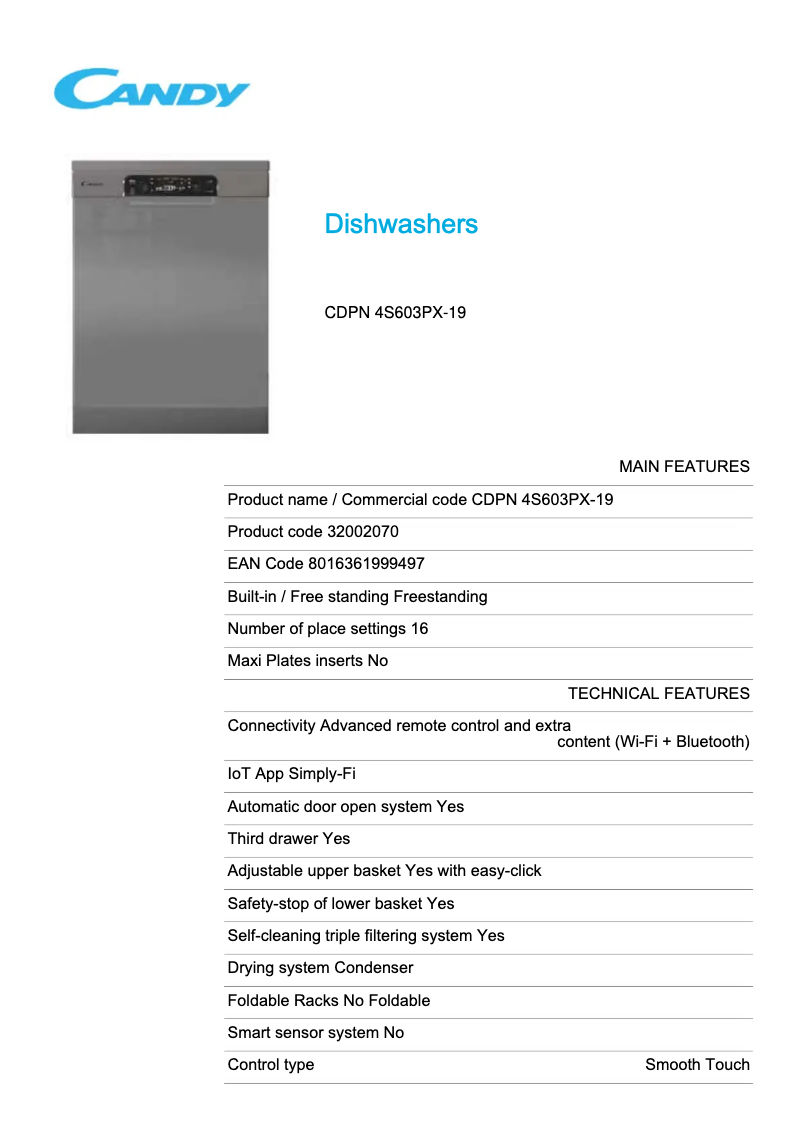 Page 1 de la notice Fiche technique Candy CDPN 4S603PX-19