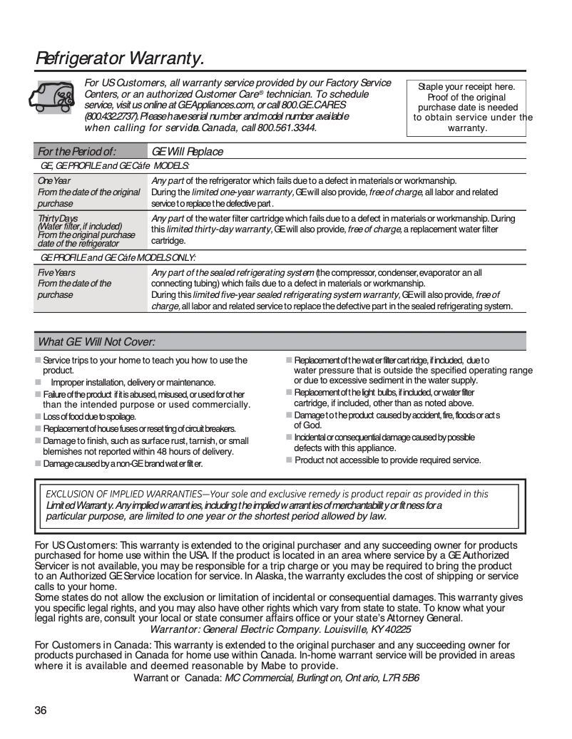 Page 1 de la notice Informations de garantie GE GZS22DSJSS