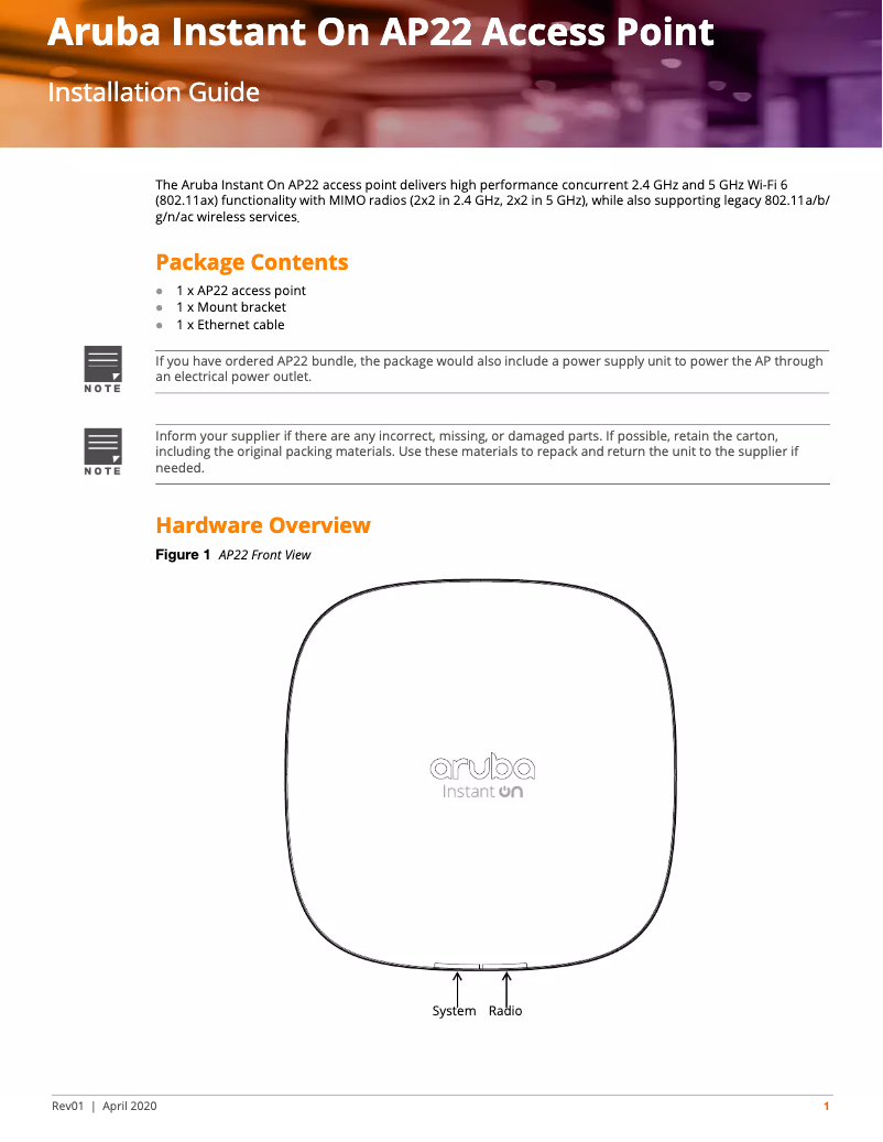Page n°1 - Manuel utilisateur Aruba Instant On AP22