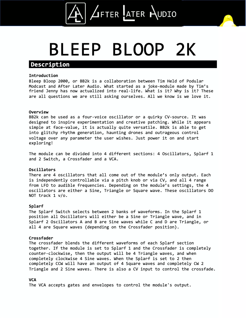 Page 1 de la notice Manuel utilisateur After Later Audio Bleep Bloop 2k