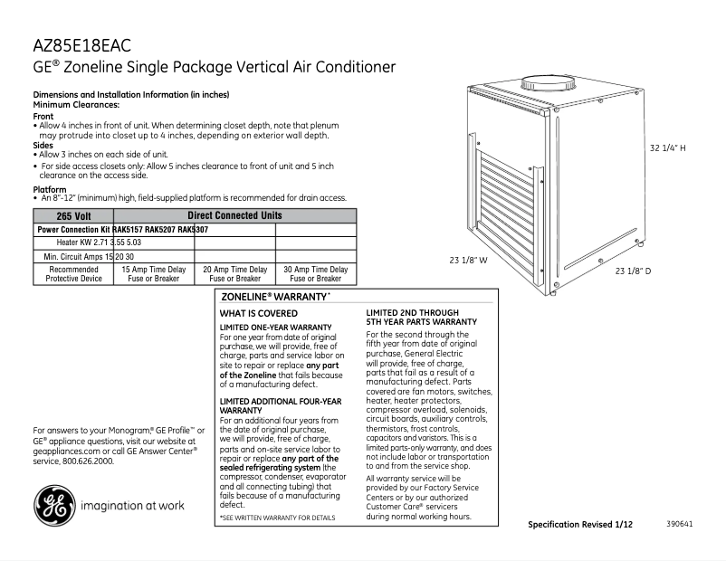 Page n°1 - Fiche technique GE AZ85E18EAC Zoneline