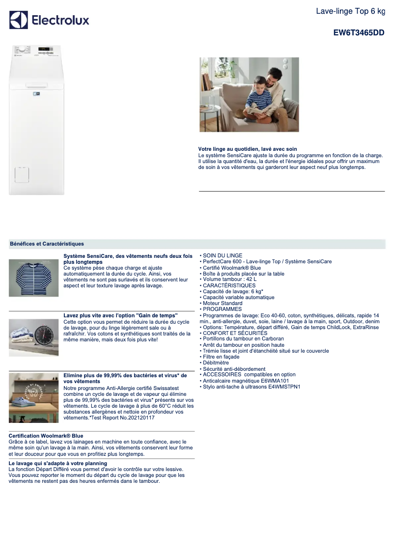 Page 1 de la notice Fiche technique Electrolux EW6T3465DD