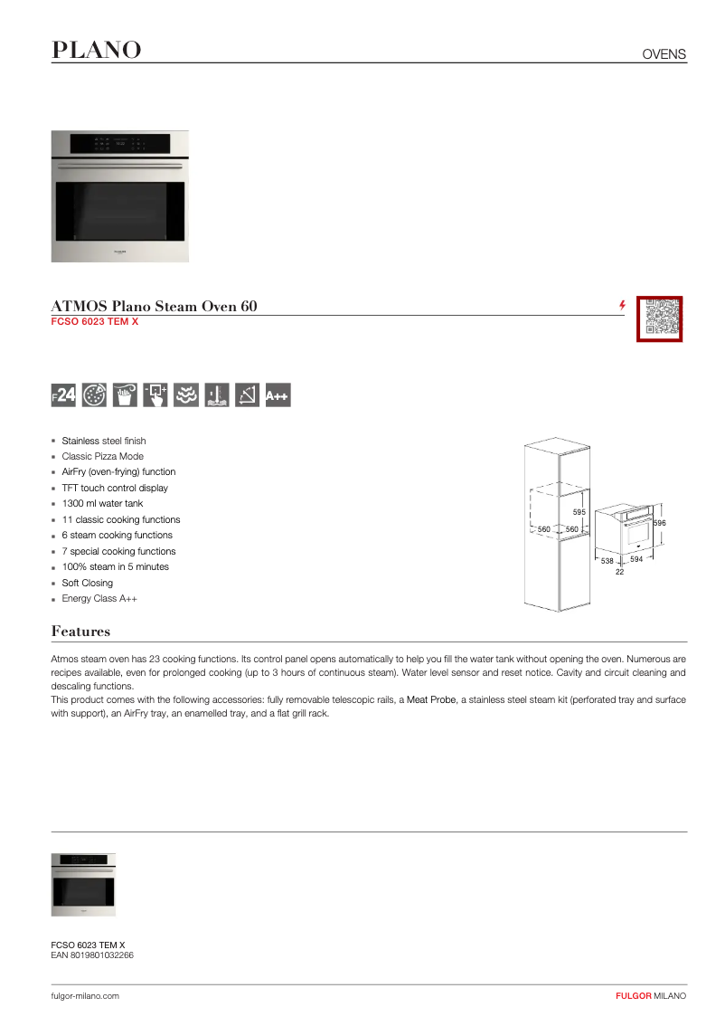 Page 1 de la notice Fiche technique Fulgor Milano FCSO 6023 TEM X