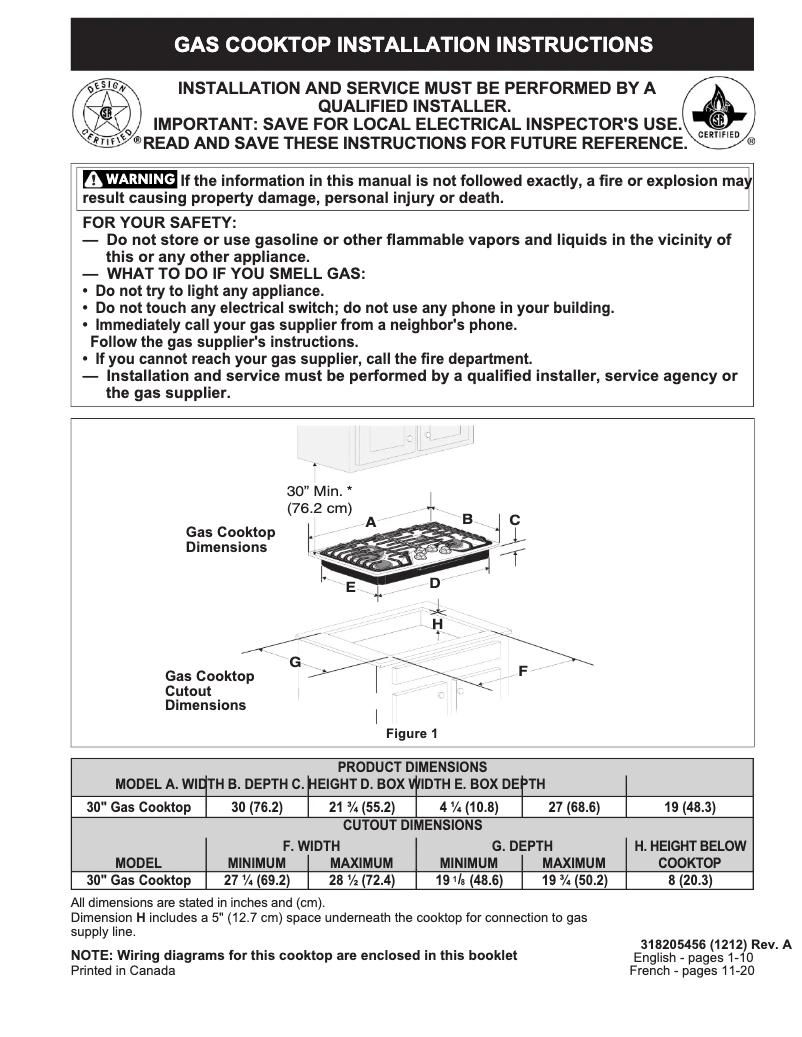 Page n°1 - Guide d'installation Frigidaire FPGC3087MS