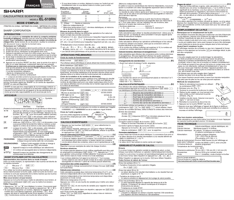 Page 1 de la notice Manuel utilisateur Sharp EL510RNB