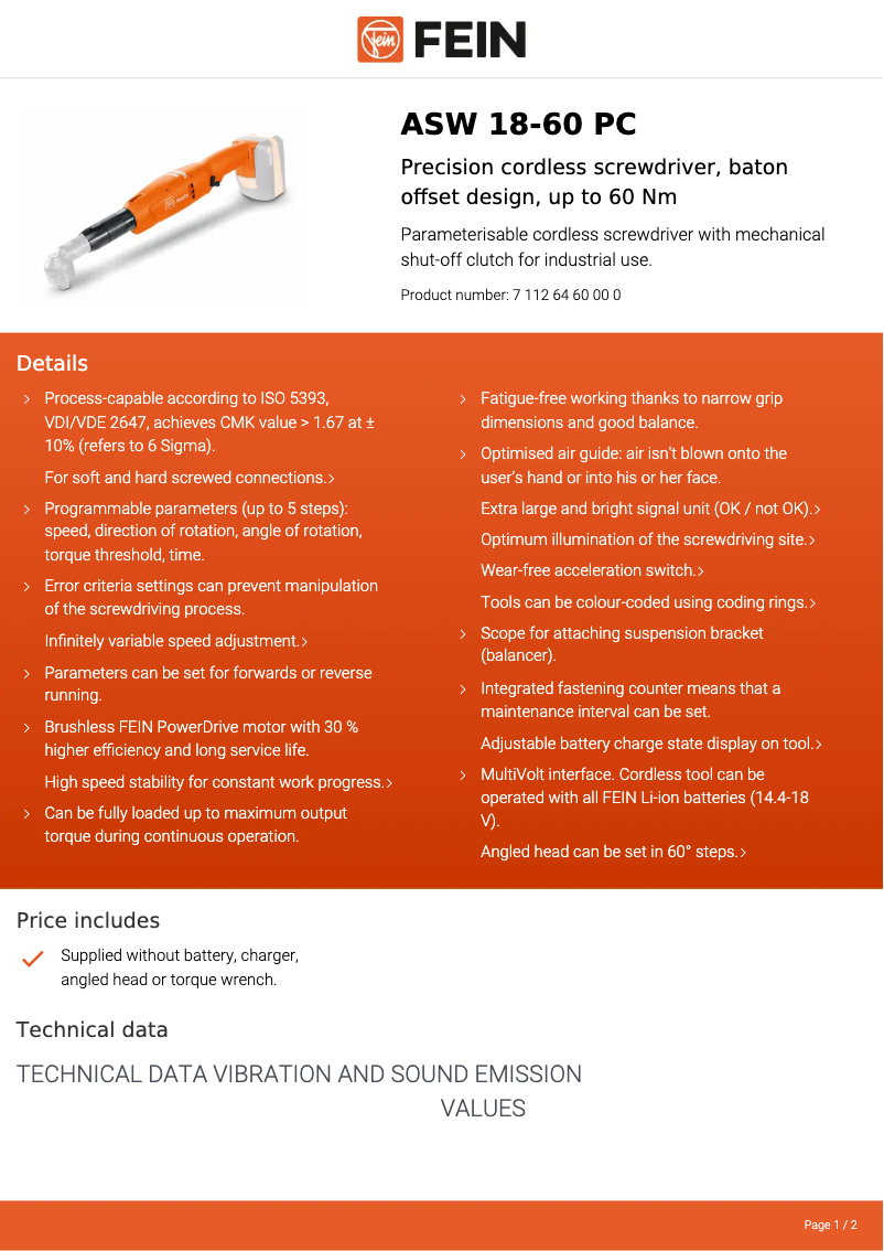 Page n°1 - Fiche technique Fein ASW 18-60 PC