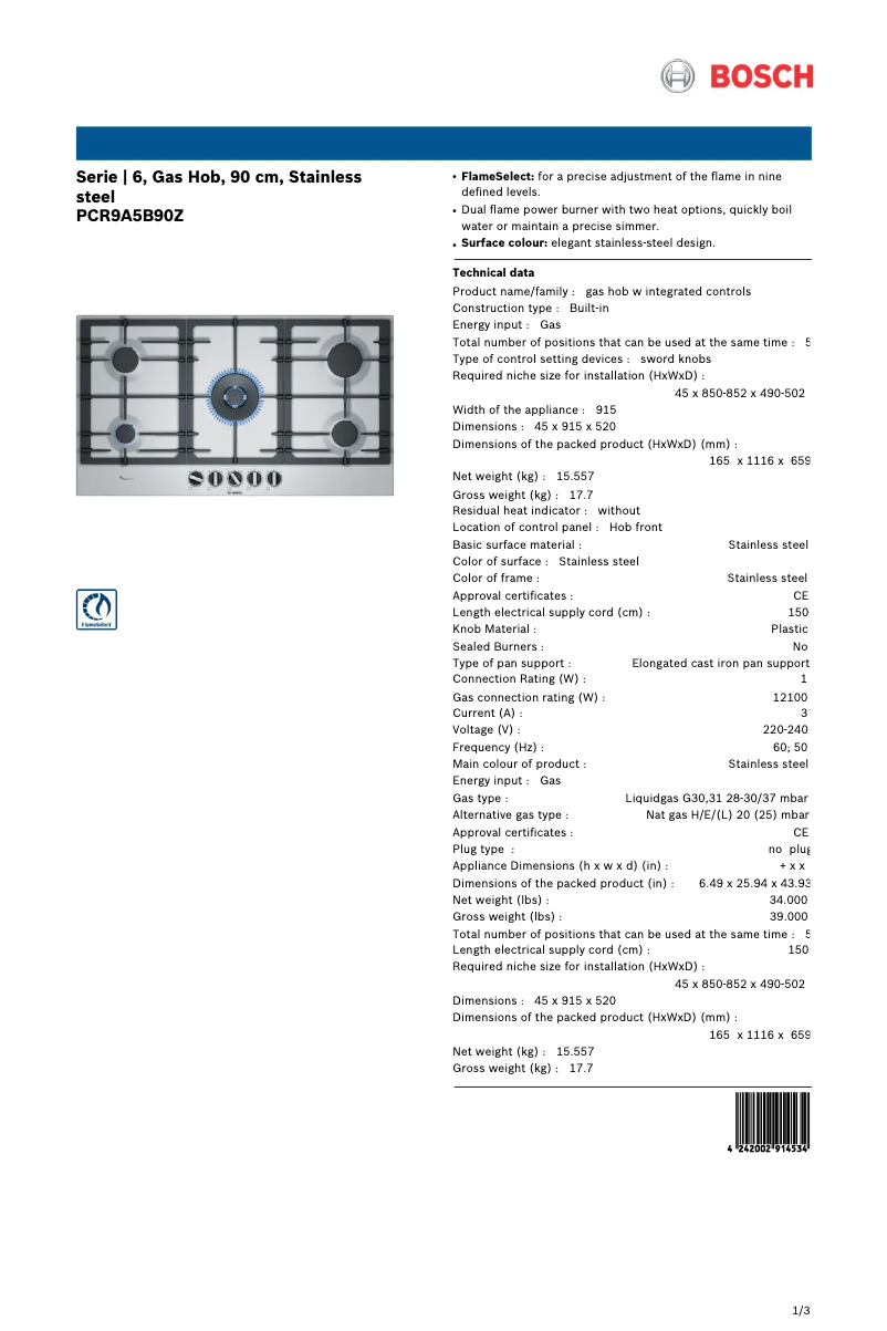 Page 1 de la notice Fiche technique Bosch PCR9A5B90Z