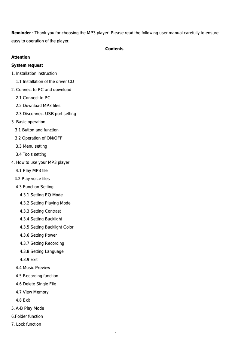 Page 1 de la notice Manuel utilisateur Curtis MP3512