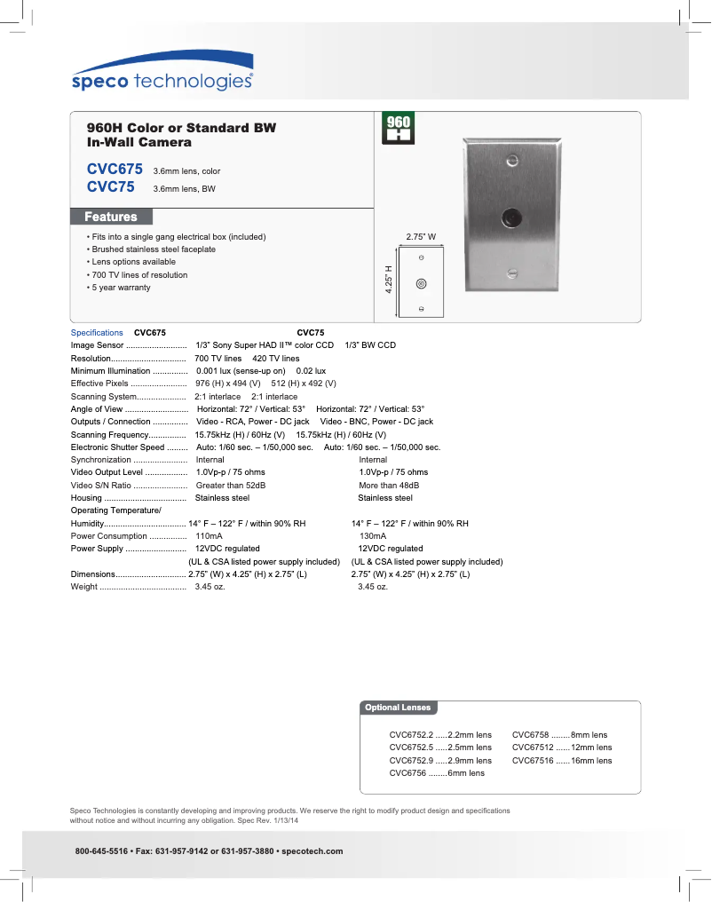 Page 1 de la notice Manuel utilisateur Speco Technologies CVC675