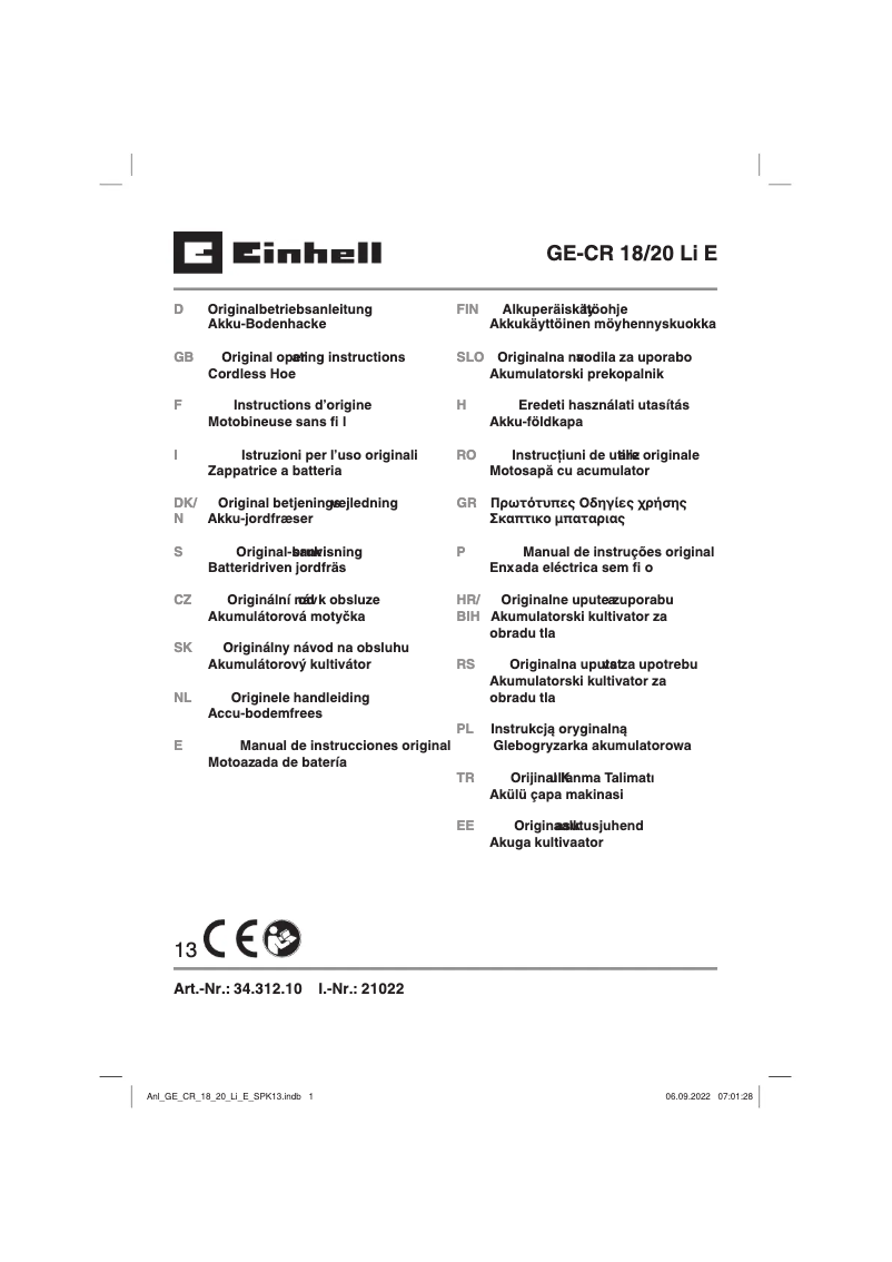 Page 1 de la notice Manuel utilisateur Einhell GE-CR 18/20 Li E - Solo