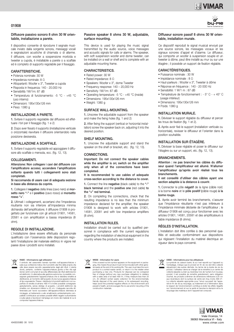 Page n°1 - Manuel utilisateur Vimar 01908