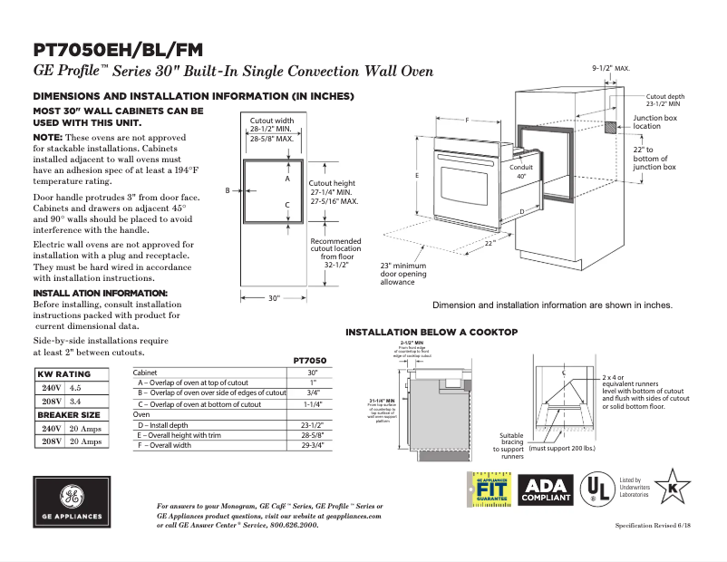 Page 1 de la notice Fiche technique GE Profile PT7050FMDS