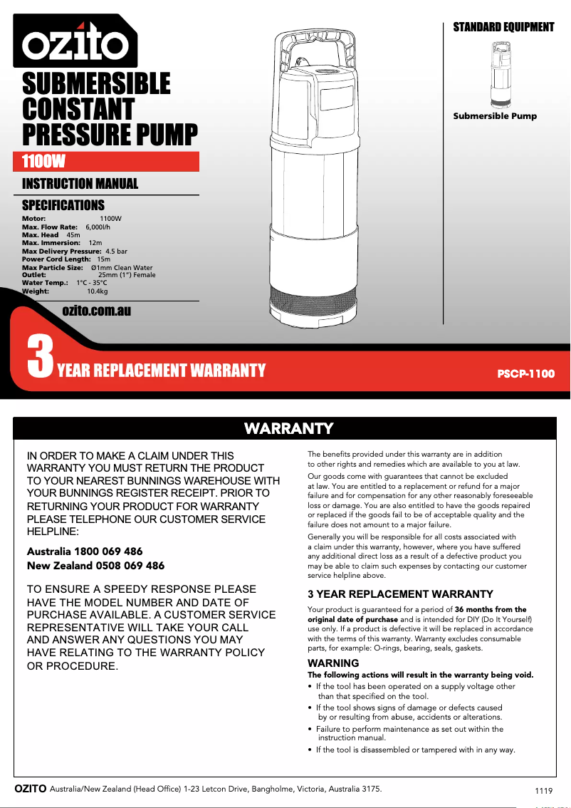 Page 1 de la notice Manuel utilisateur Ozito PSCP-1100