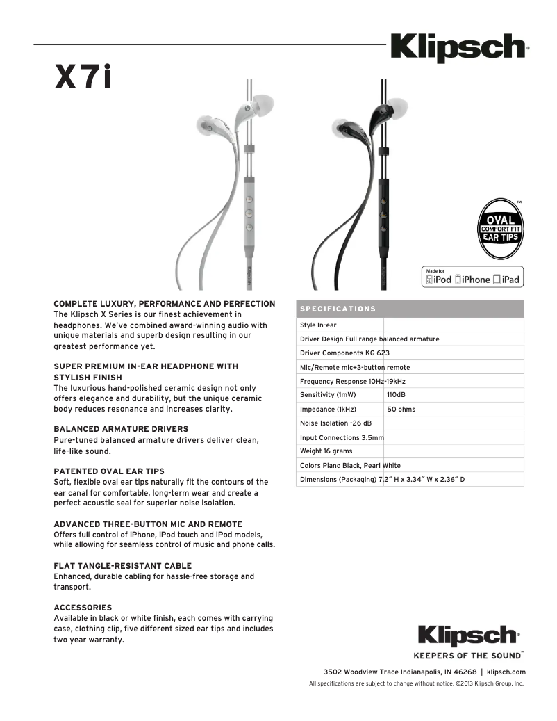 Página 1 del manual Ficha técnica Klipsch Image X7i