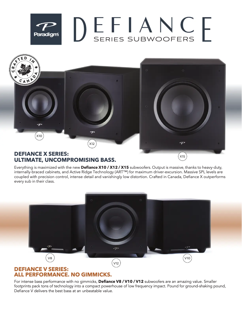 Page 1 de la notice Fiche technique Paradigm Defiance V12
