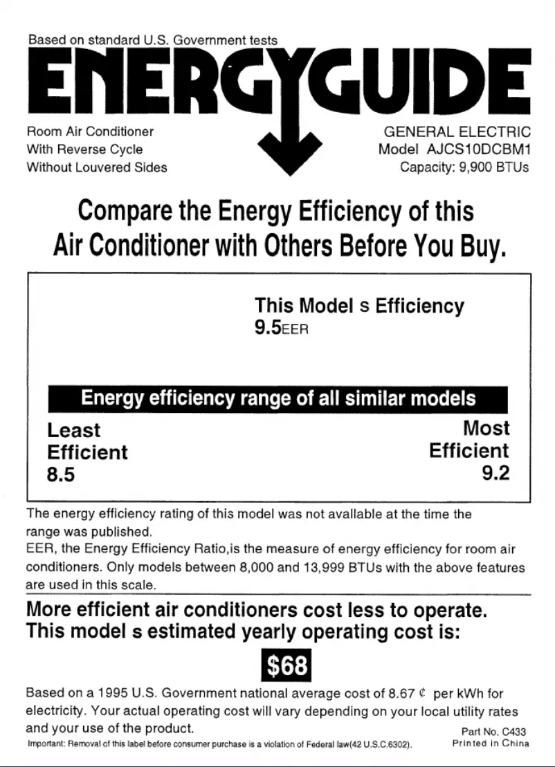 Page 1 de la notice Label énergétique GE AJCS10DCB