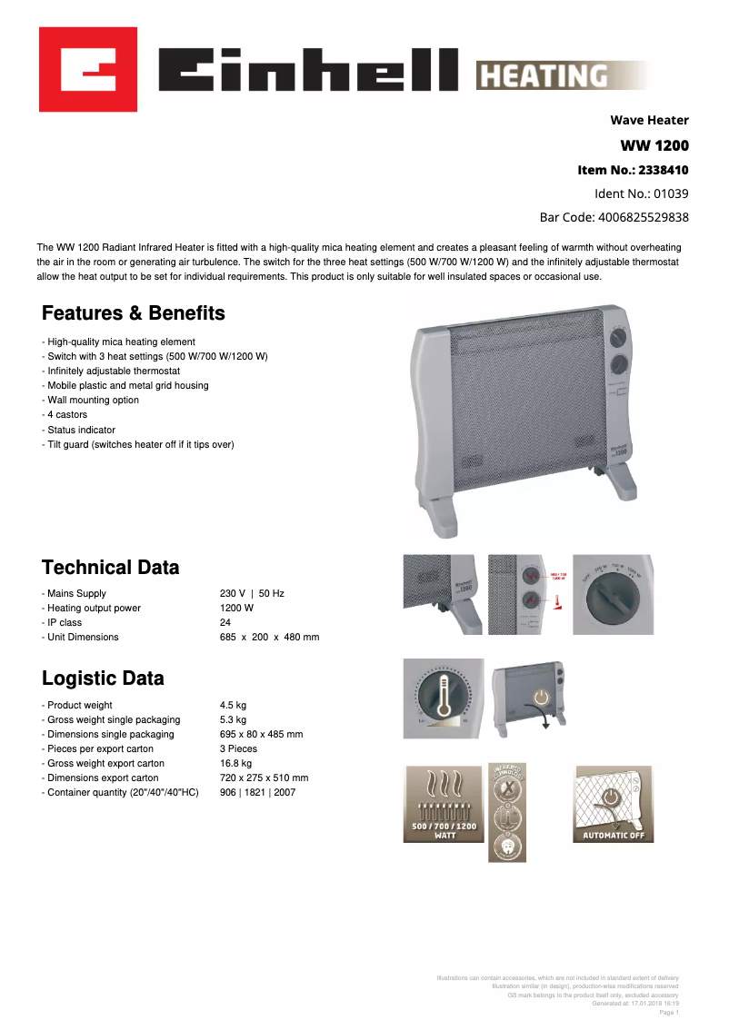 Page 1 de la notice Fiche technique Einhell WW 1200