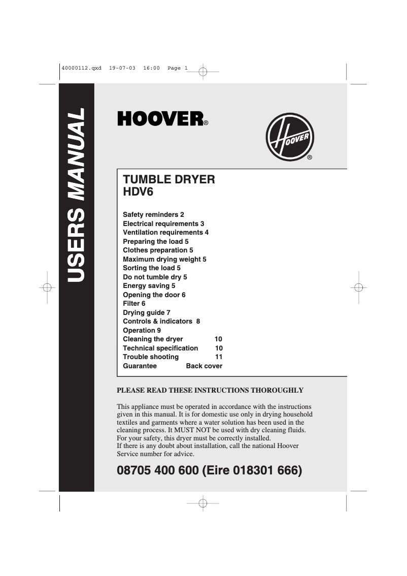 Page 1 de la notice Manuel utilisateur Hoover HDV 6