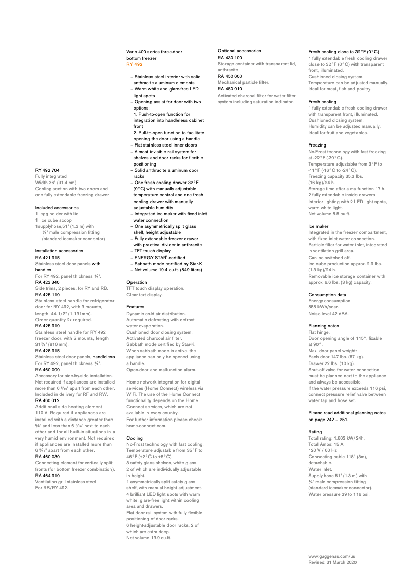 Page 1 de la notice Fiche technique Gaggenau RY492704