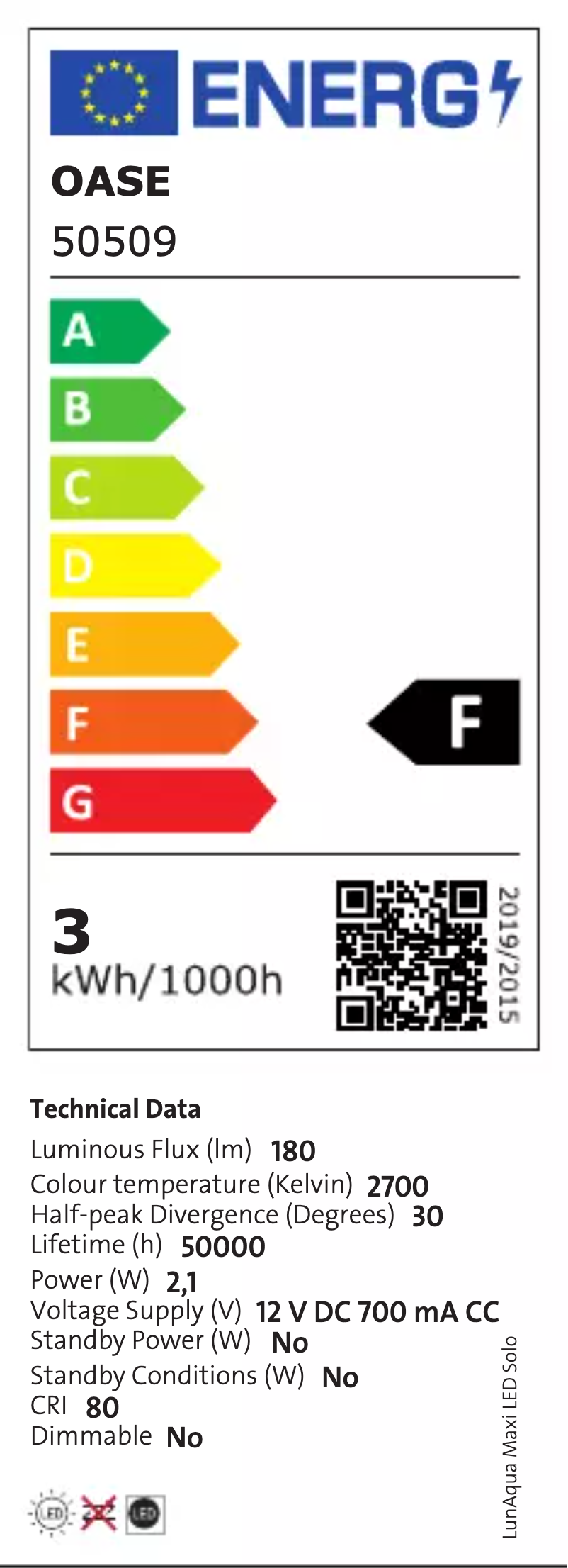 Page 1 de la notice Label énergétique Oase LunAqua Maxi LED Solo