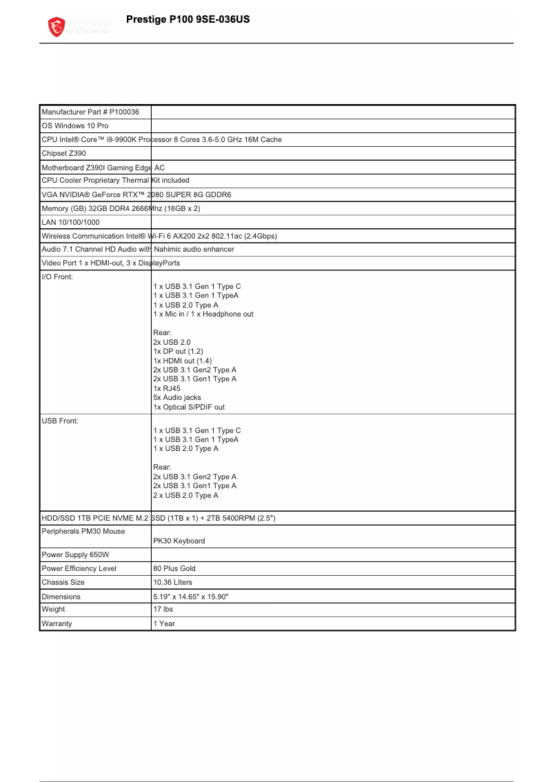 Page 1 de la notice Fiche technique MSI Prestige P100