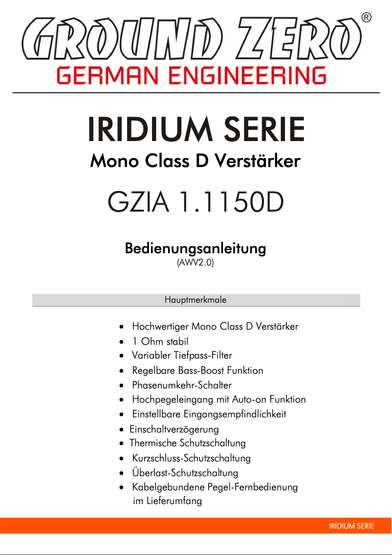 Page 1 of the manual User Manual Ground Zero GZIA 1.1150D