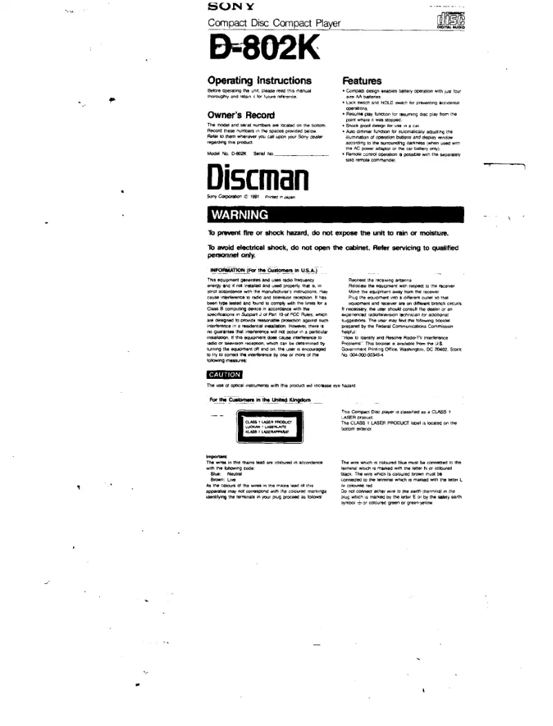 Page 1 de la notice Manuel utilisateur Sony Discman D-802K