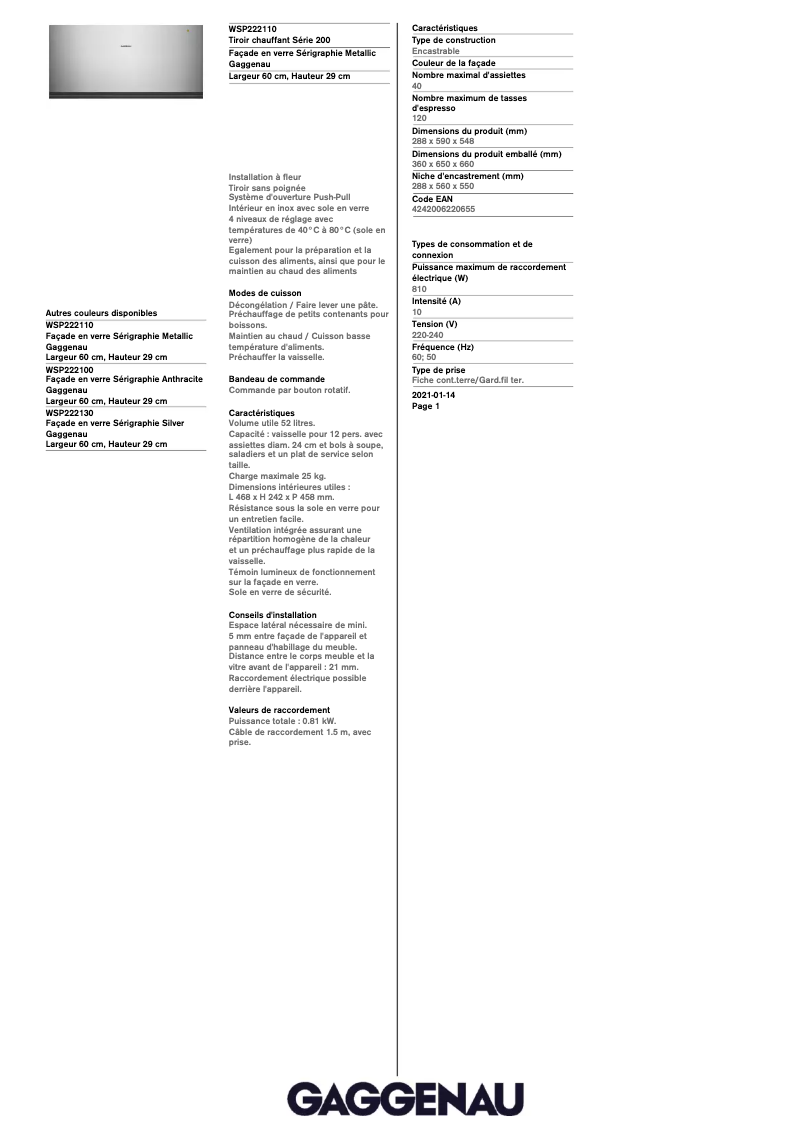 Página 1 del manual Ficha técnica Gaggenau WSP222110