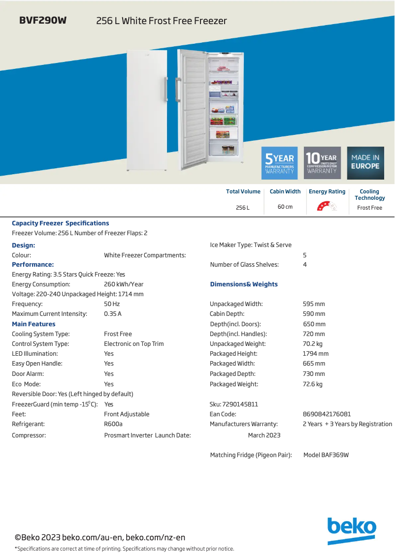 Page 1 de la notice Fiche technique Beko BVF290W