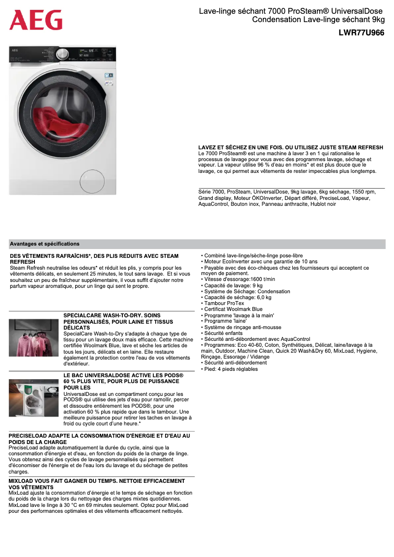 Page 1 de la notice Fiche technique AEG LWR77U966