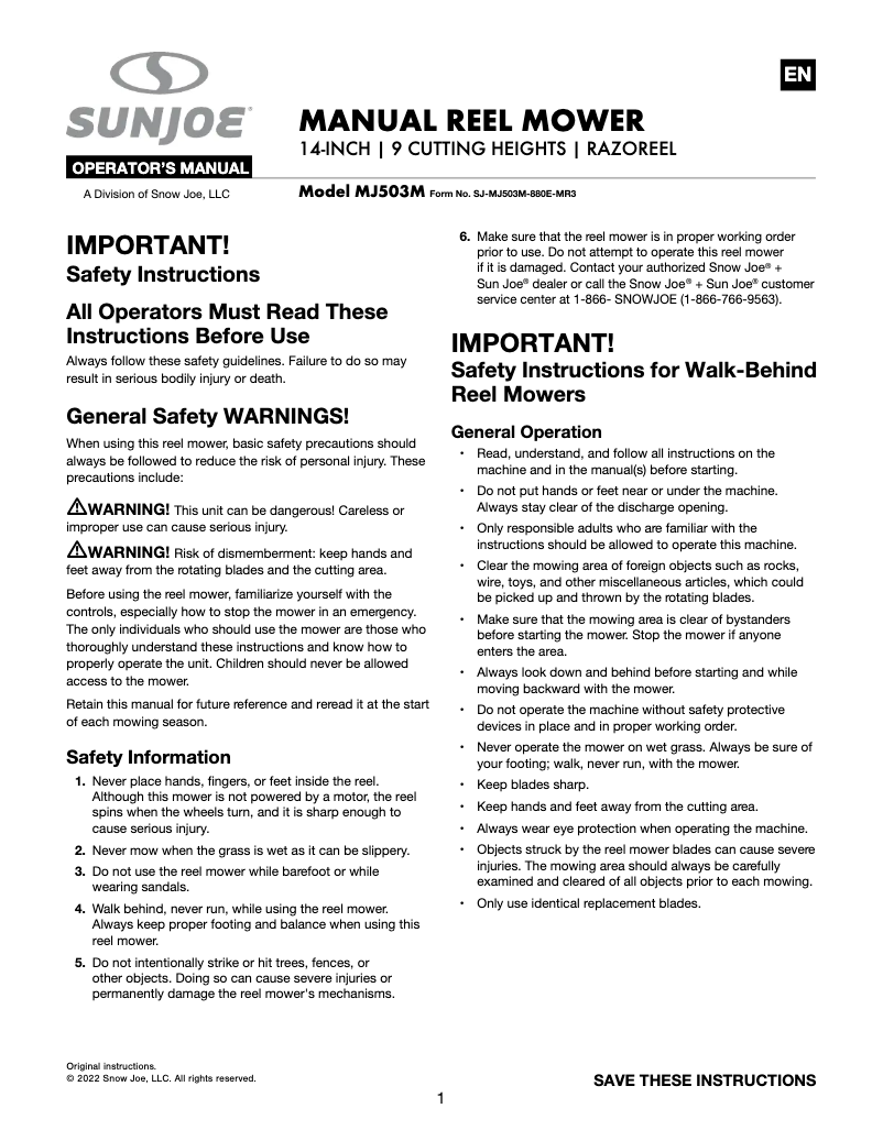 Page n°1 - Manuel utilisateur Sun Joe MJ503M