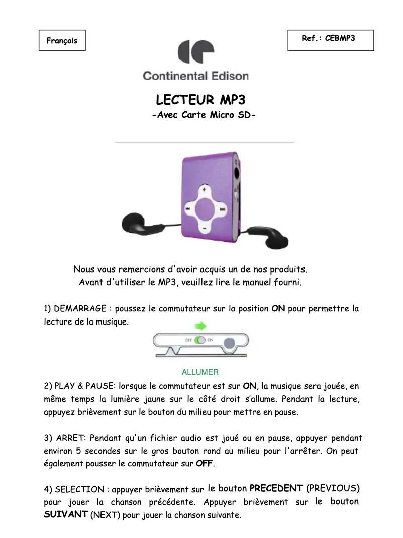 Image de la première page du manuel de l'appareil CEBMP3