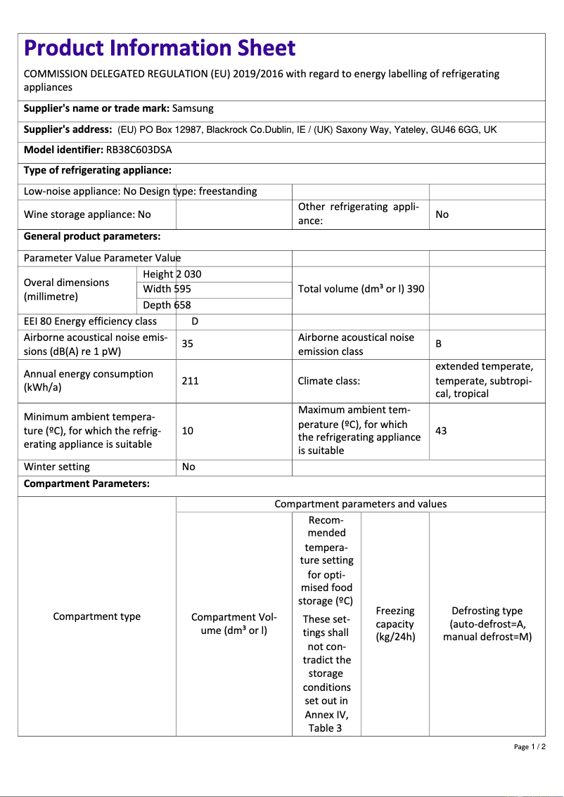 Page n°1 - Fiche technique Samsung RB38C603DSA