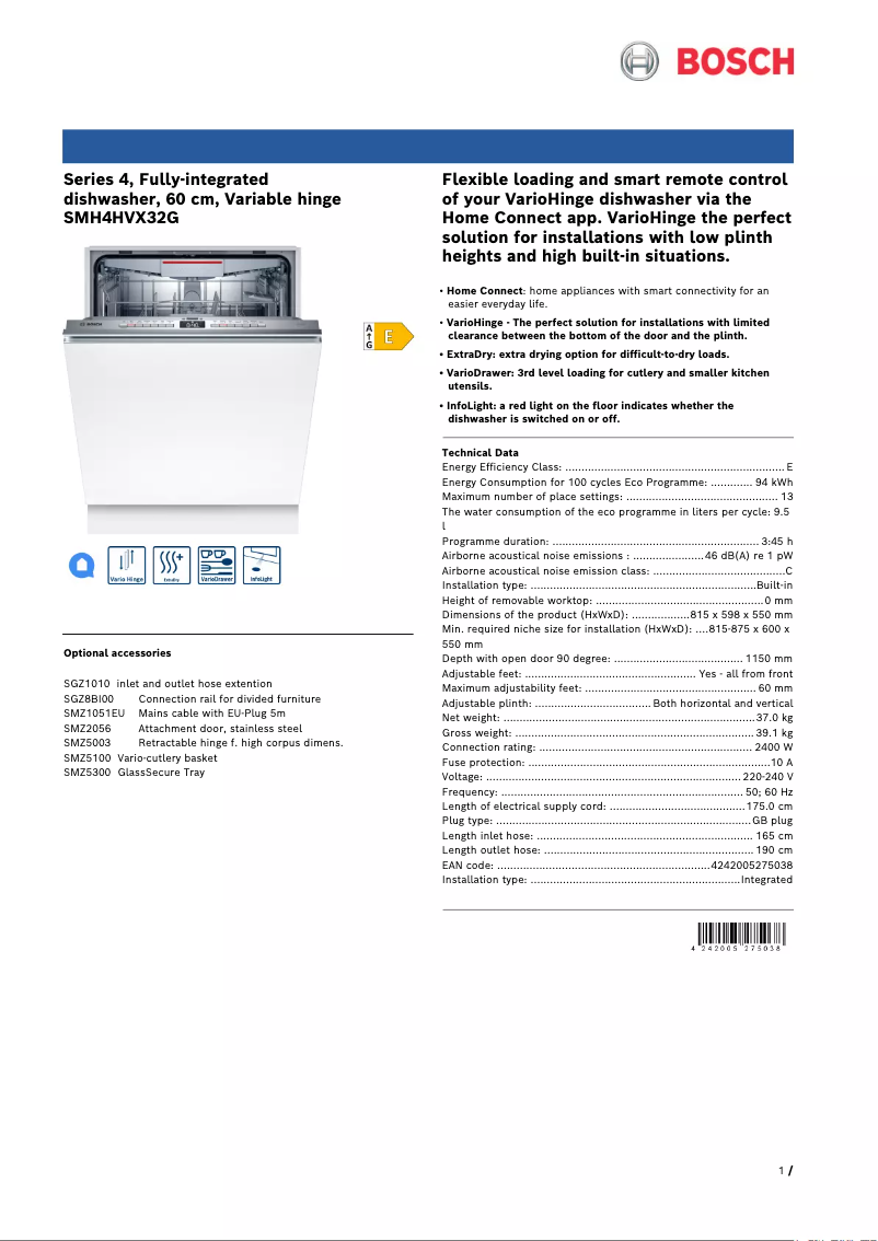 Page 1 de la notice Fiche technique Bosch Serie 4 SMH4HVX32G