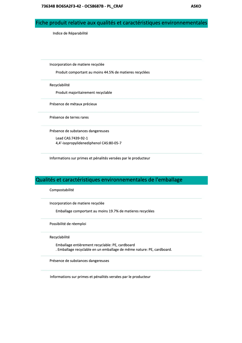 Page 1 de la notice Fiche technique Asko OCS8687BB