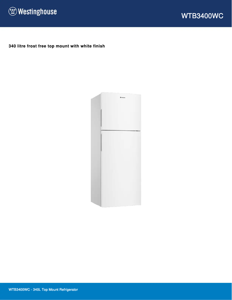 Page 1 de la notice Fiche technique Westinghouse WTB3400WC