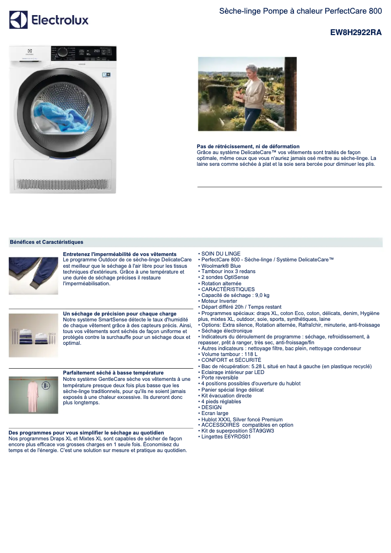 Page 1 de la notice Fiche technique Electrolux EW8H2922RA