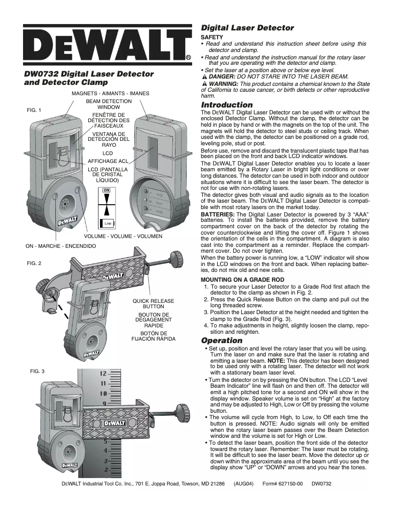 Page 1 de la notice Manuel utilisateur DeWalt DW0732