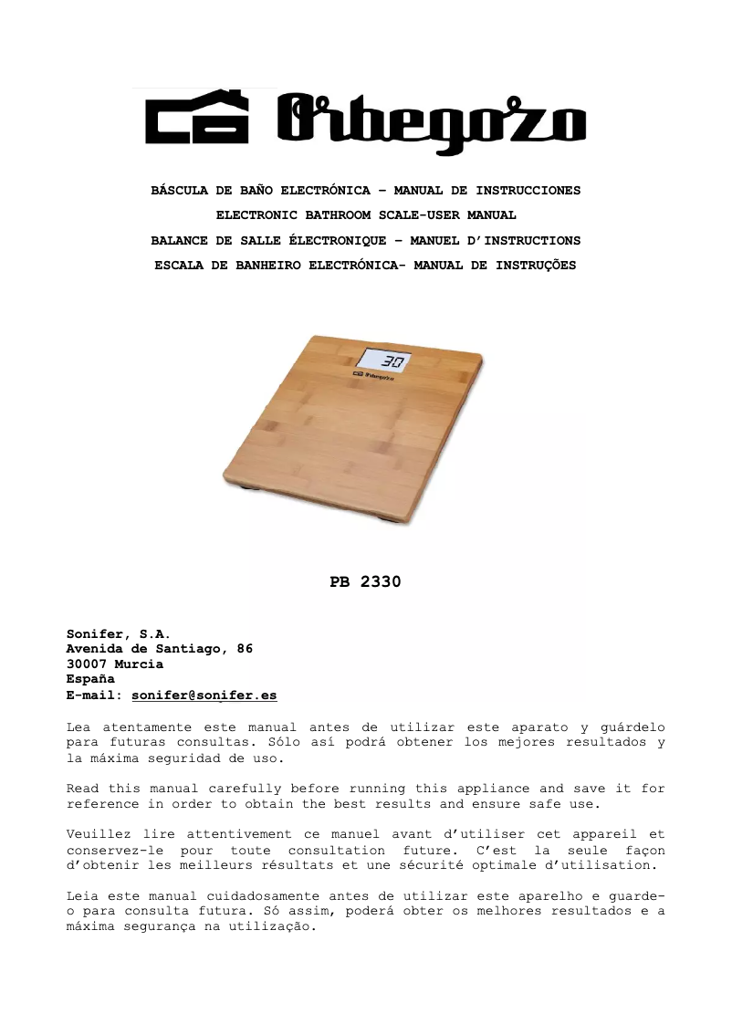 Page 1 de la notice Manuel utilisateur Orbegozo PB 2330