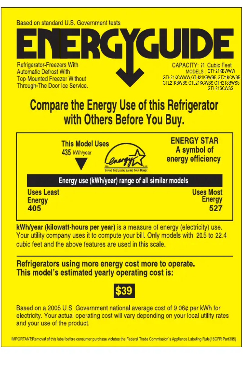 Page 1 de la notice Label énergétique GE GTH21KBWWW