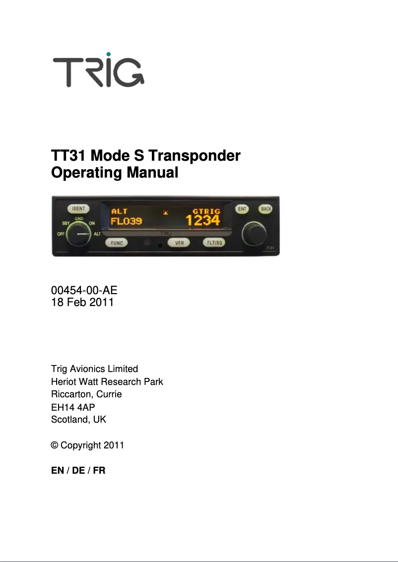 Page 1 de la notice Manuel utilisateur Trig Avionics TT31 Mode S Transponder