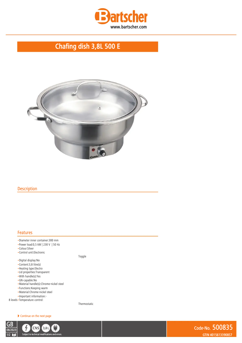 Page 1 de la notice Fiche technique Bartscher 500835