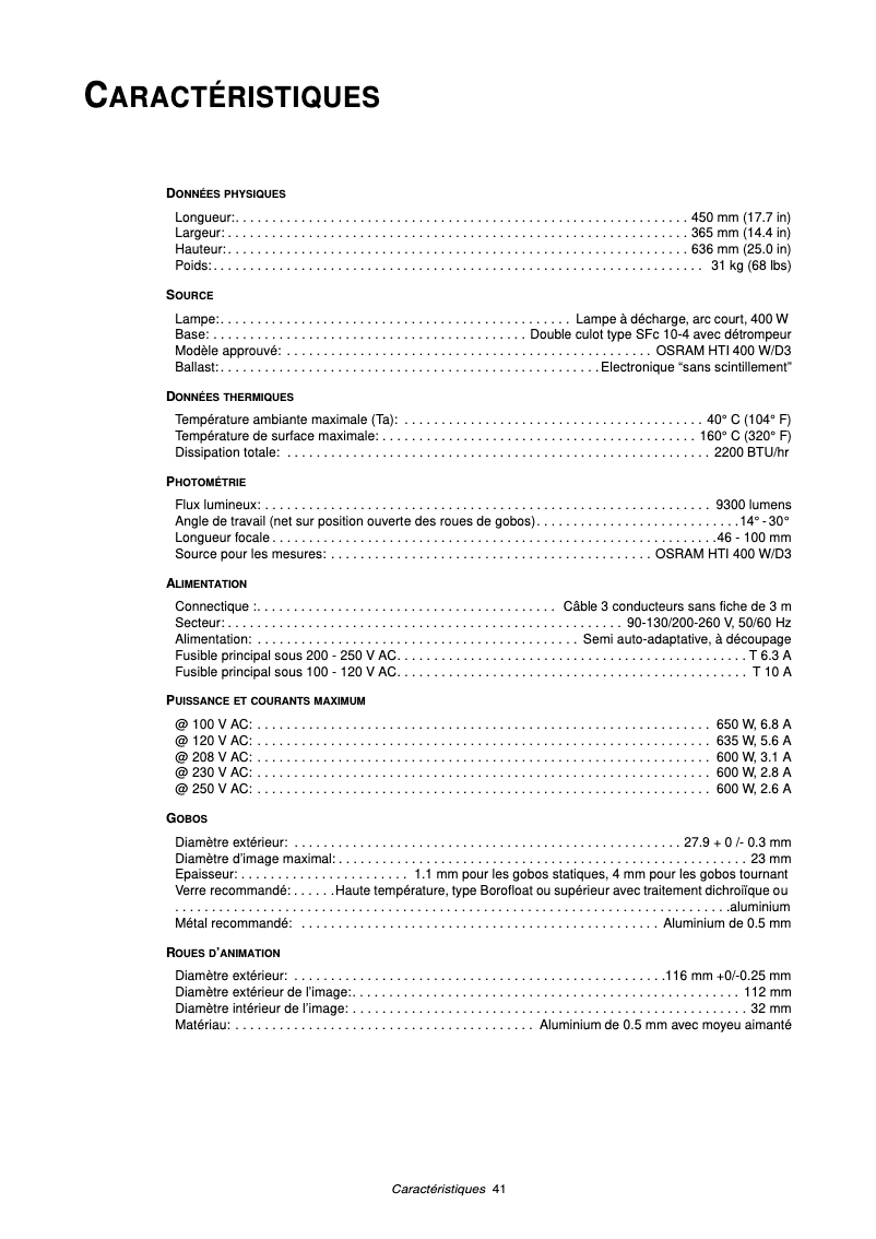 Page 1 of the manual Technical Sheet Martin MAC 550 Profile